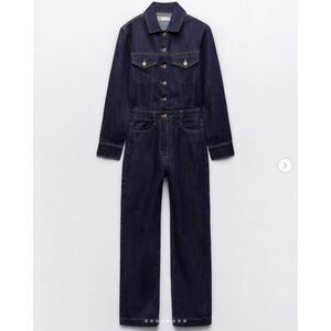 Dark Jean Denim Zara Button Front Chest Pockets Long Sleeve Pants Jumpsuit (NWT)